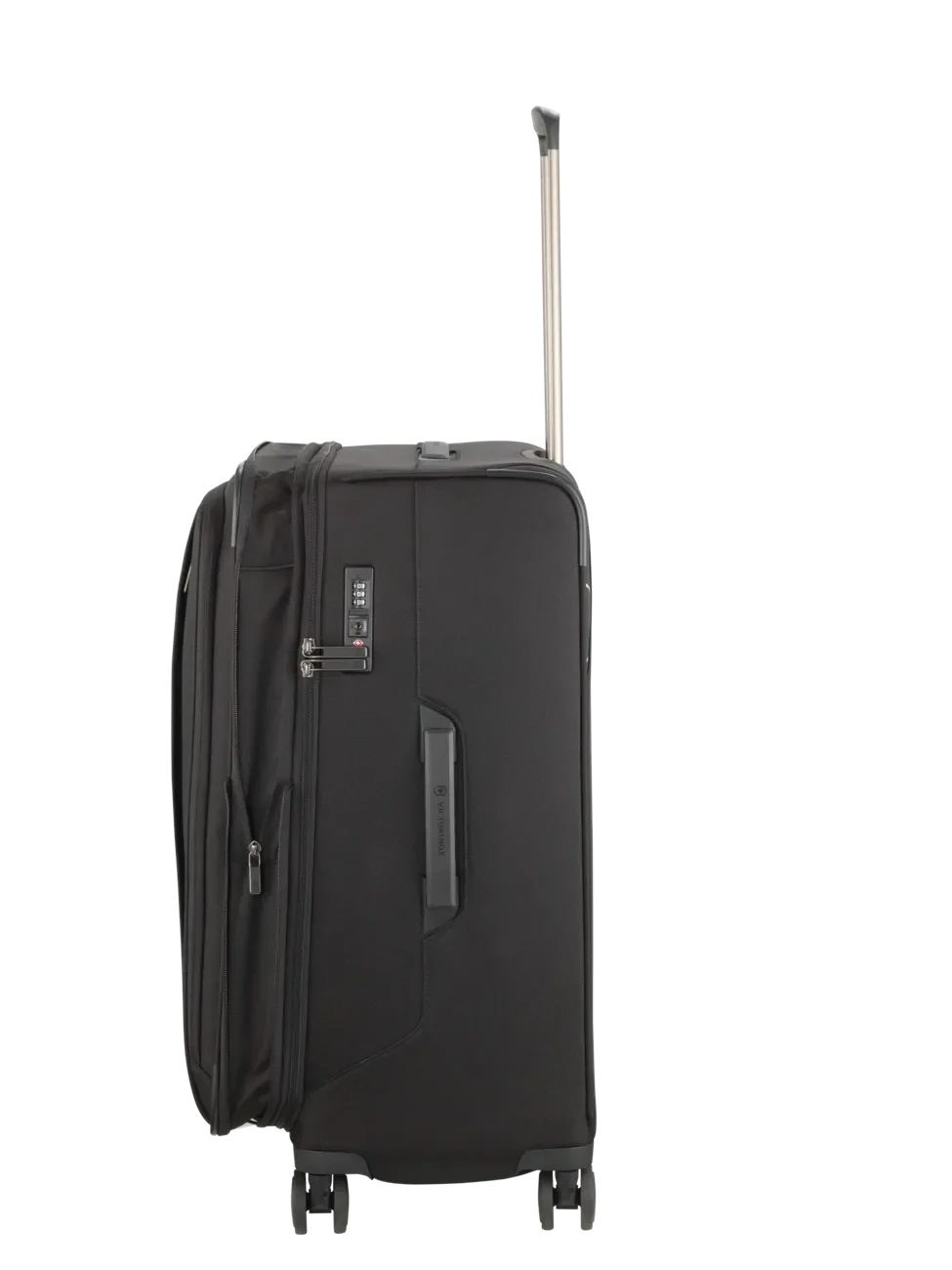 Black wheeled suitcase with an extendable handle.