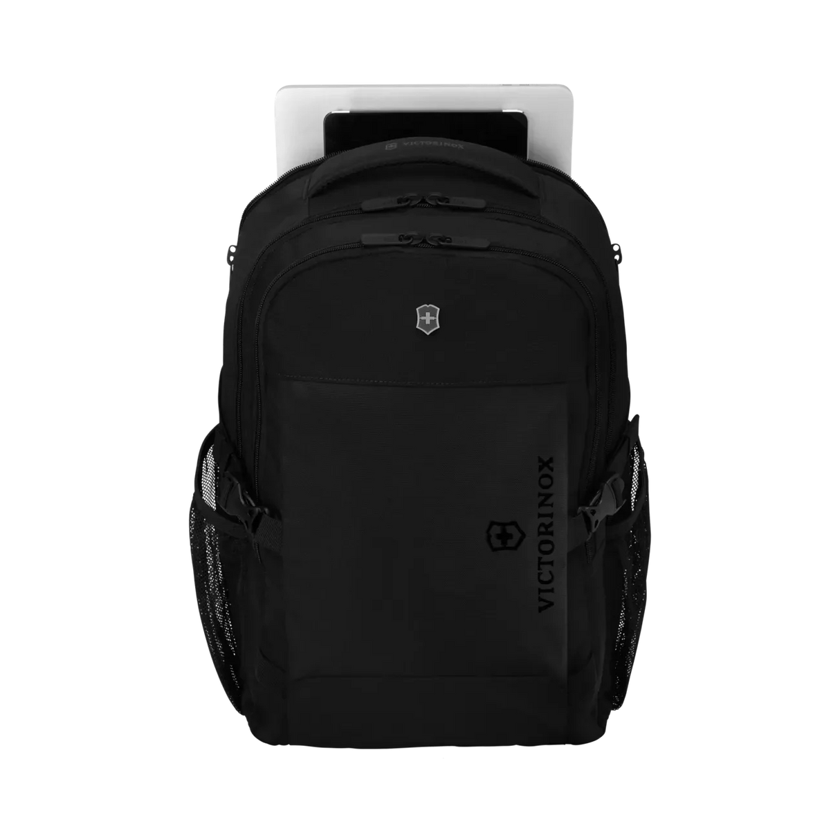 Black backpack with multiple compartments and a logo on the front.