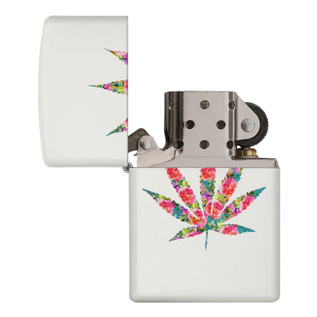Zippo-style lighter with a colorful floral marijuana leaf design on a white background.