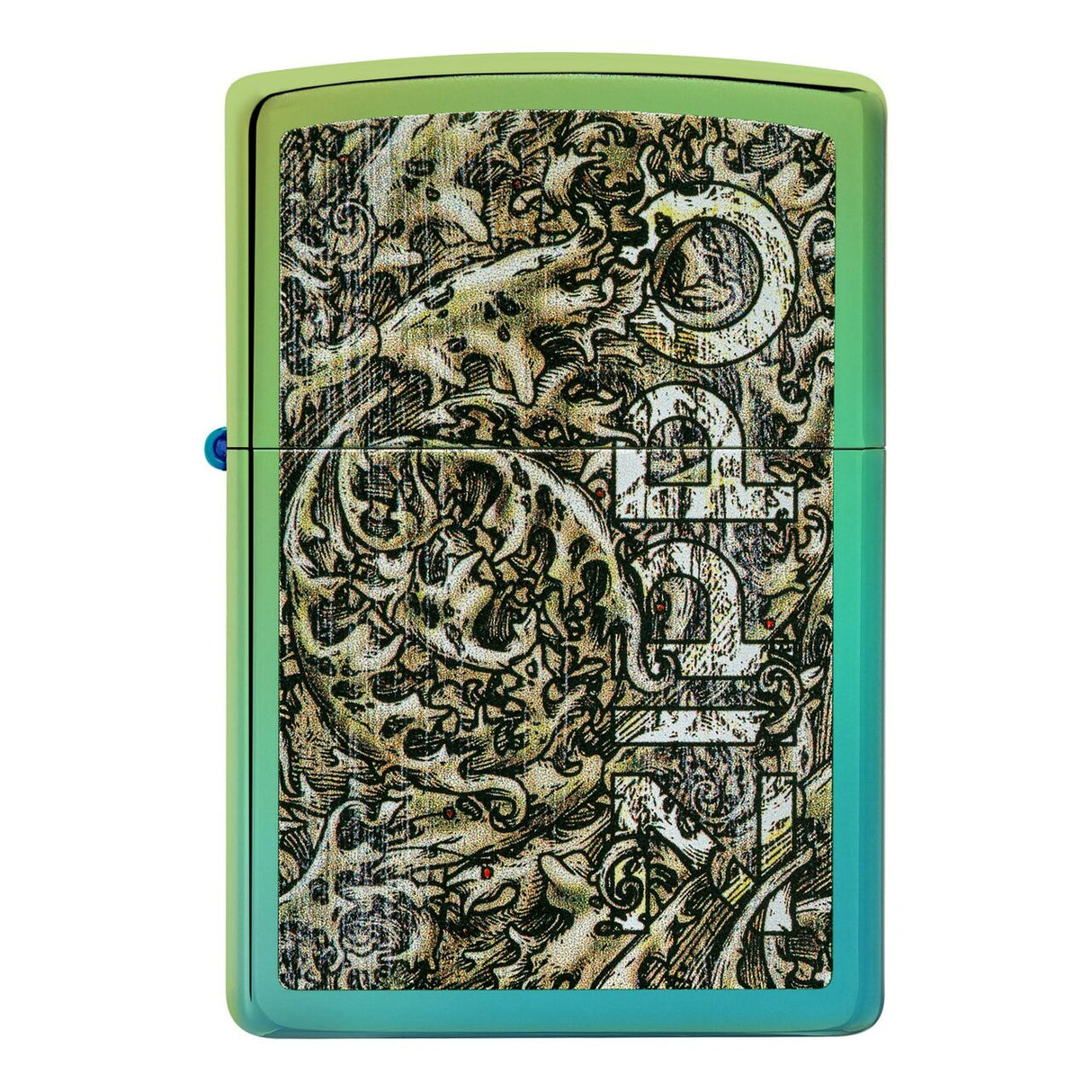 Zippo lighter with an intricate camouflage-style design featuring the Zippo logo.