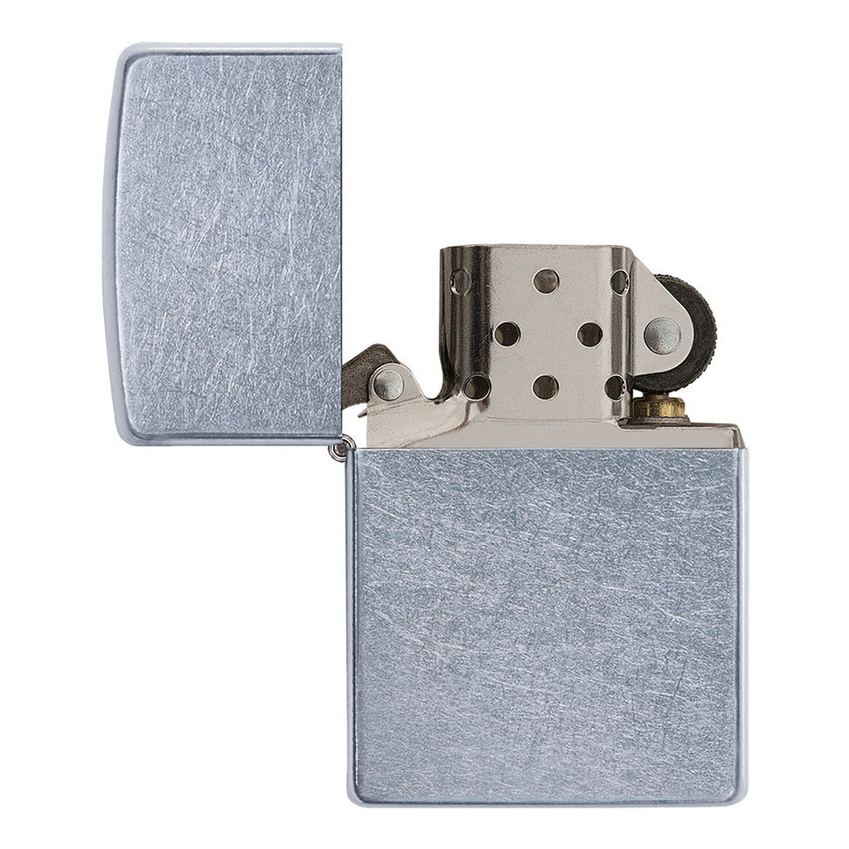 Metallic flip-top lighter with a brushed silver finish.