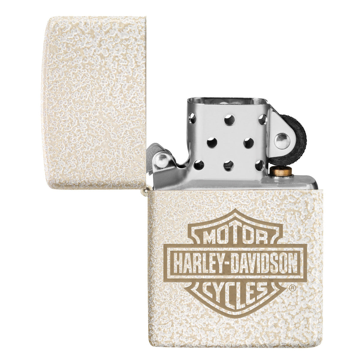 Harley-Davidson branded metal lighter with a textured white finish.