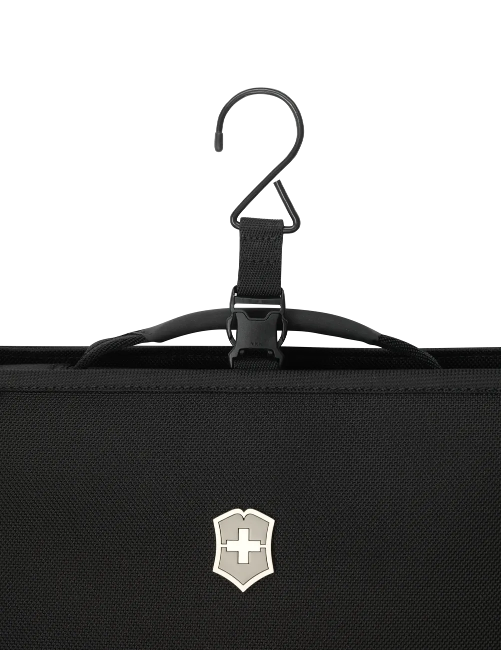 Black garment bag with a Swiss Army logo hanging from a hook.
