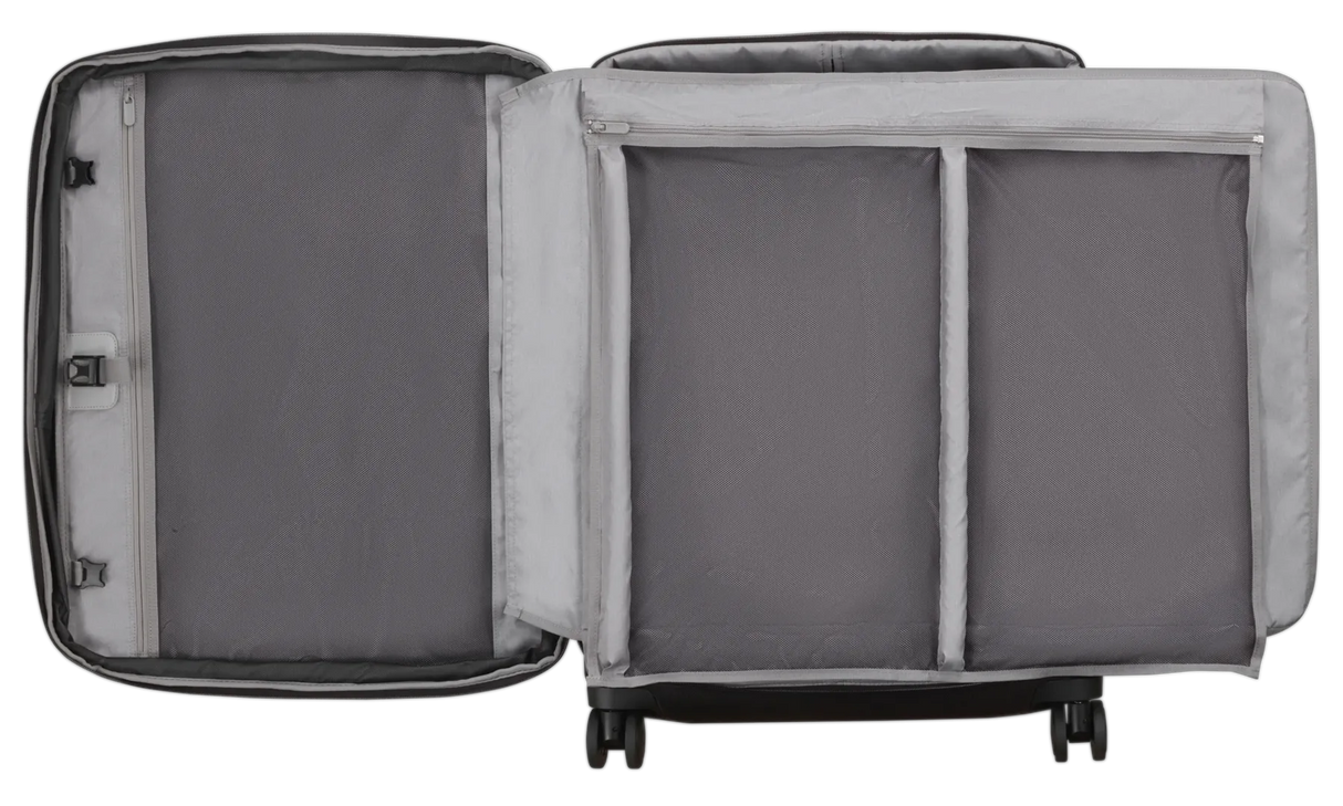 Wheeled suitcase with an open top compartment revealing interior storage sections.