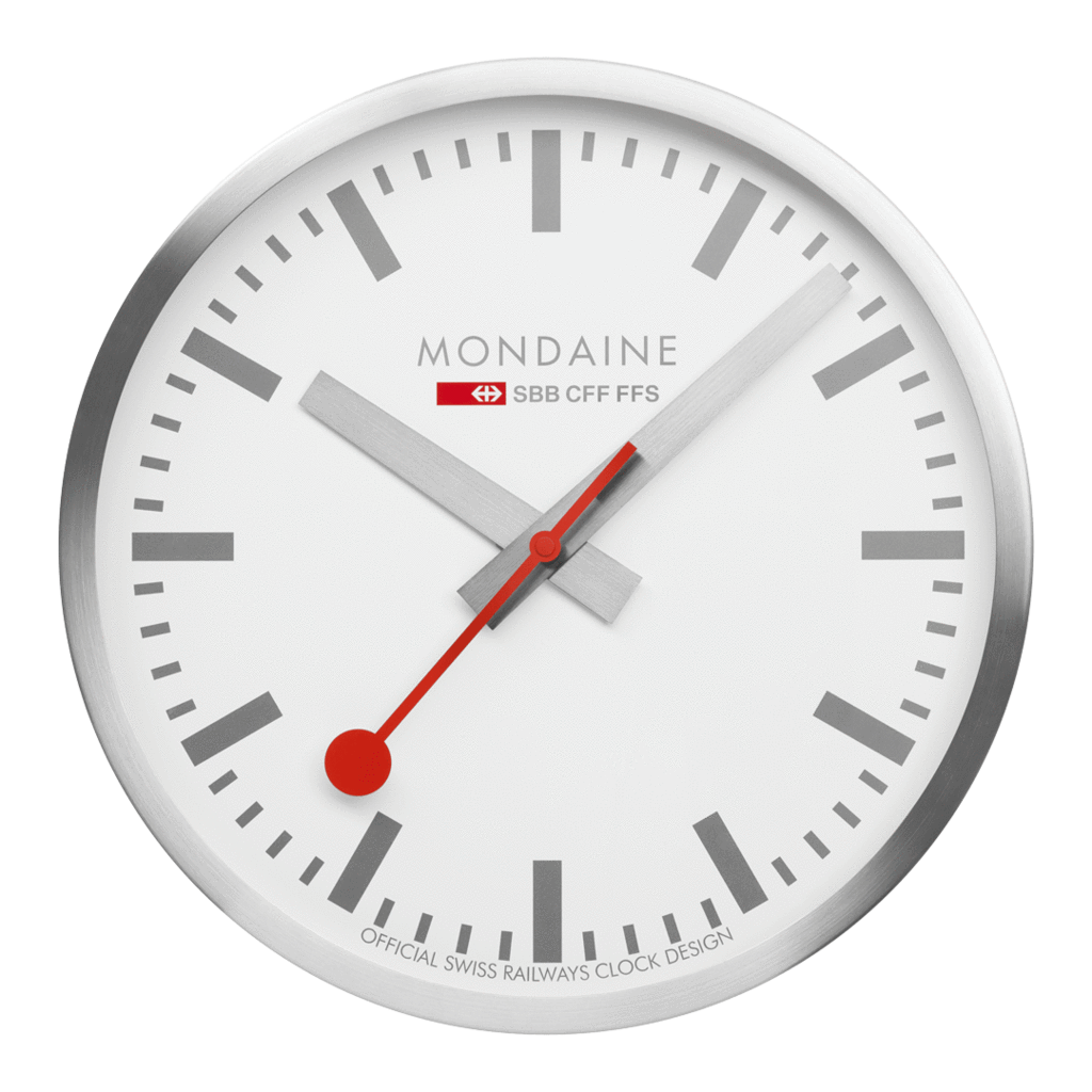 Classic white analog wall clock with red hands and the Mondaine brand name.