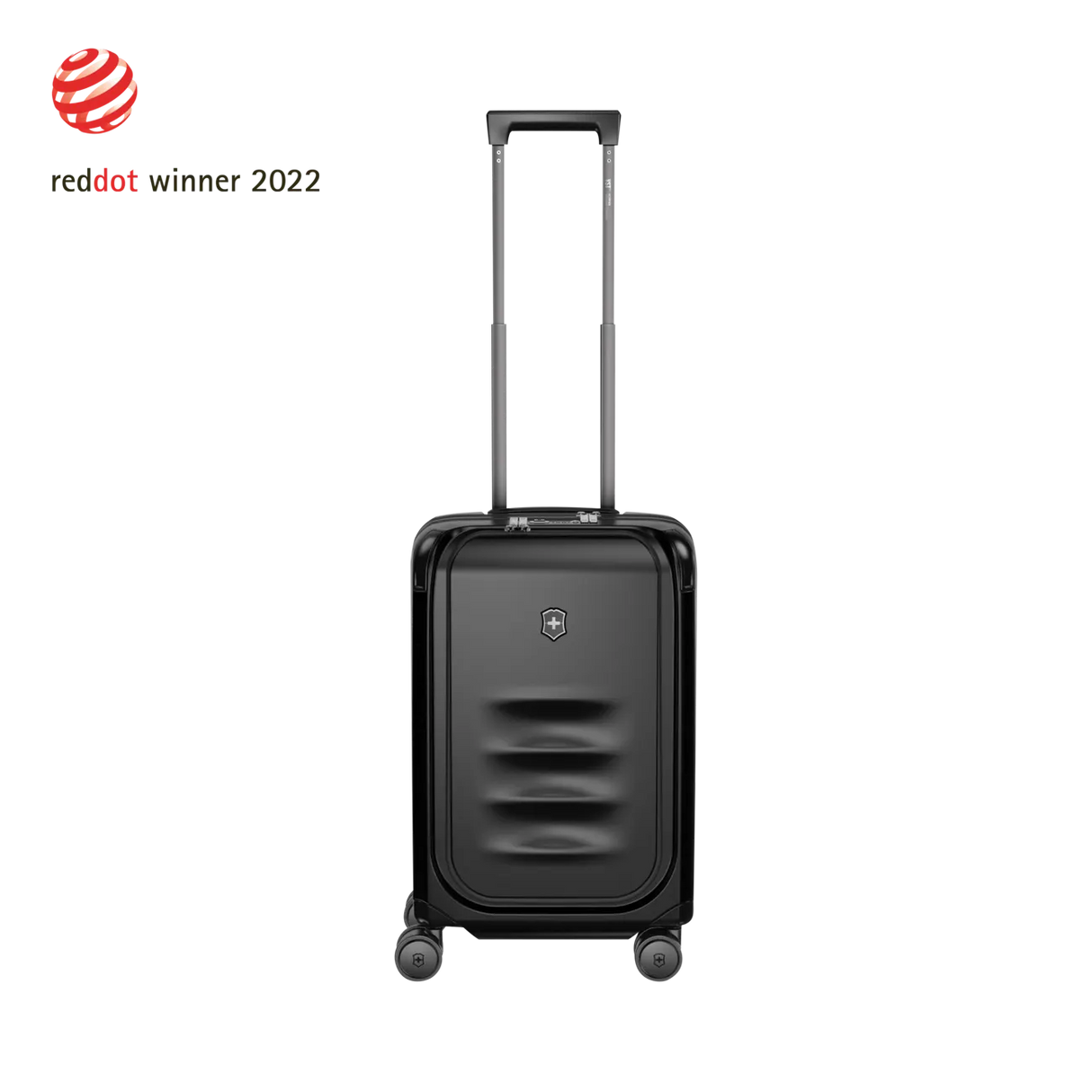 Black hardshell carry-on suitcase with a retractable handle and wheels.