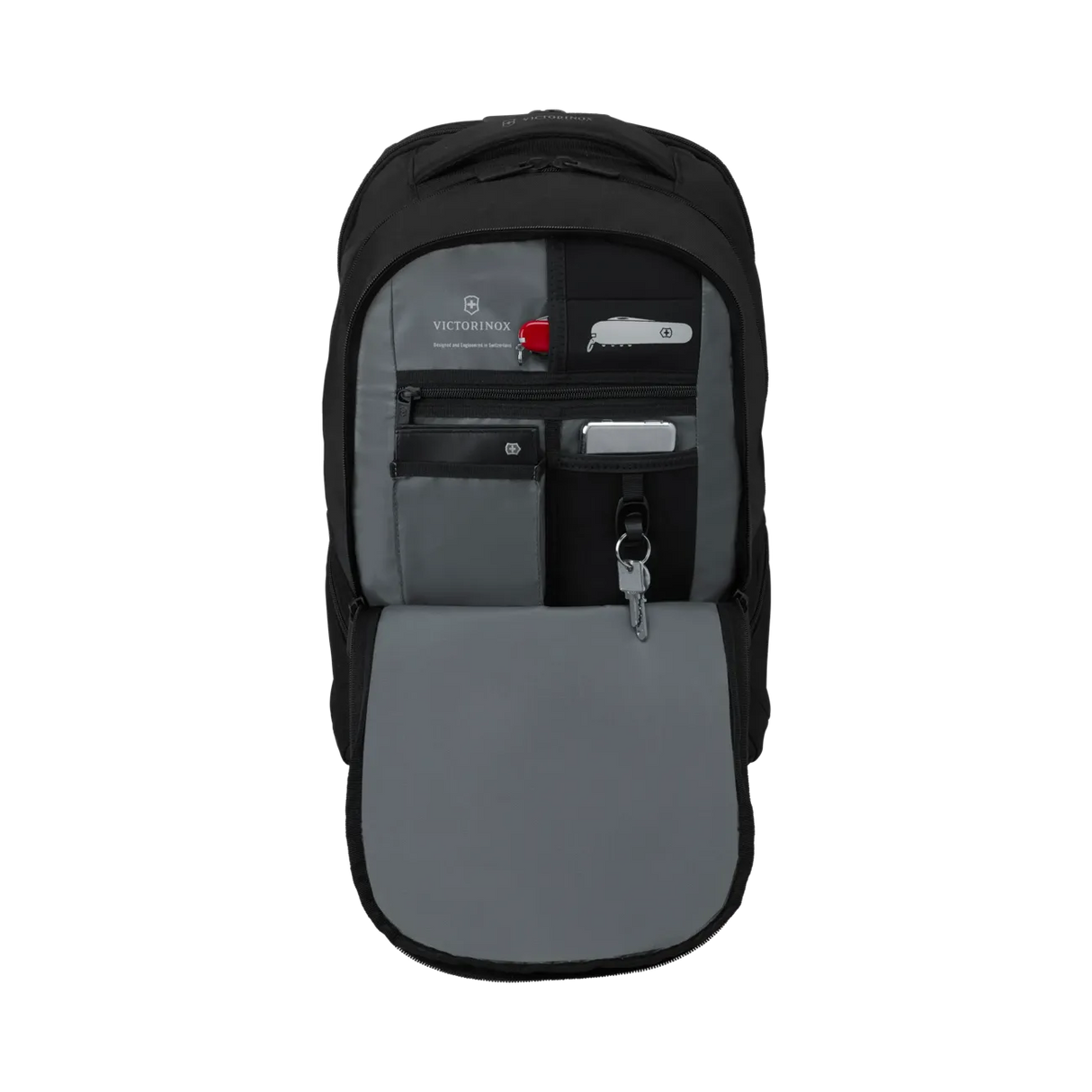 Black backpack with an open front compartment revealing organized storage pockets.