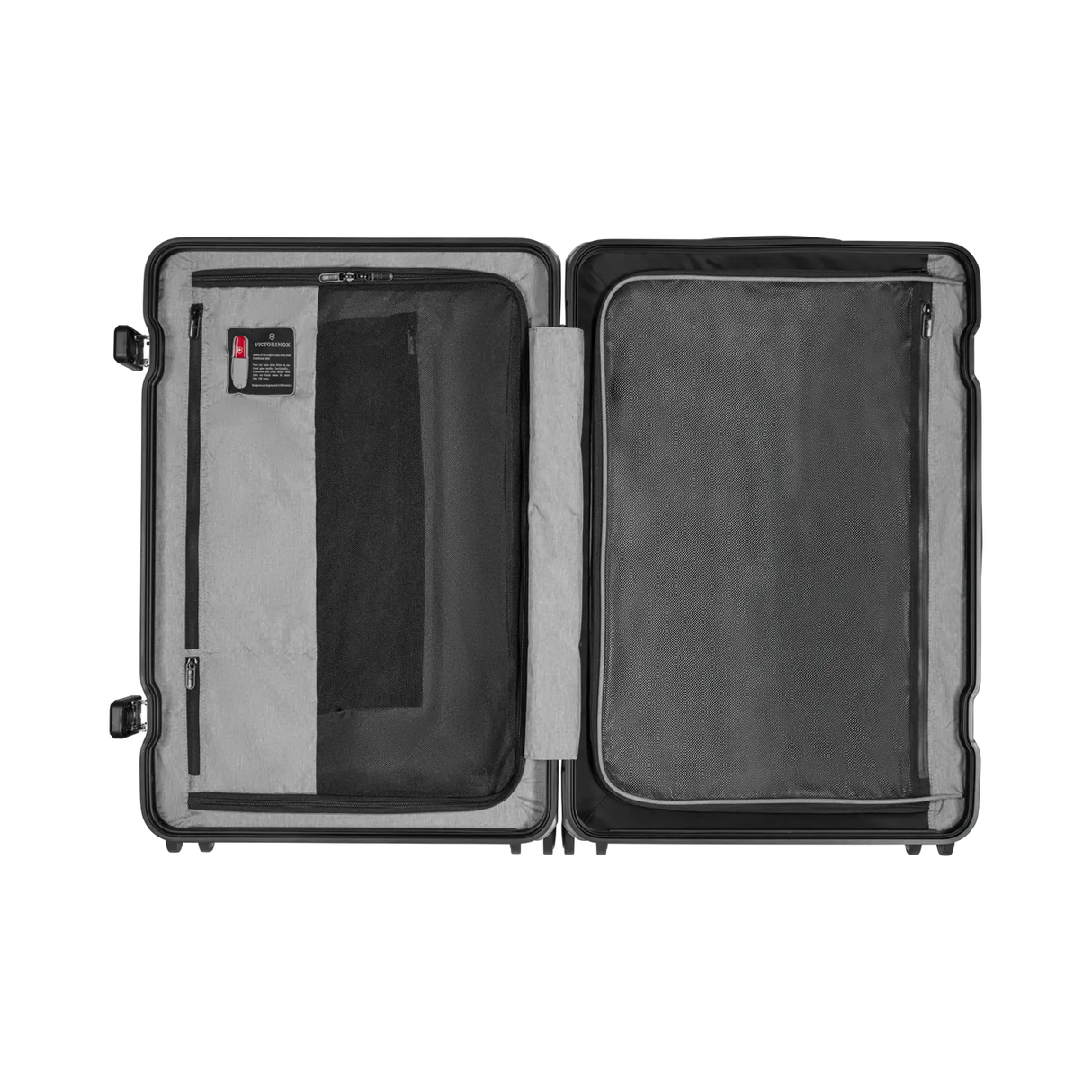 Open hard-shell suitcase with two compartments and interior pockets.