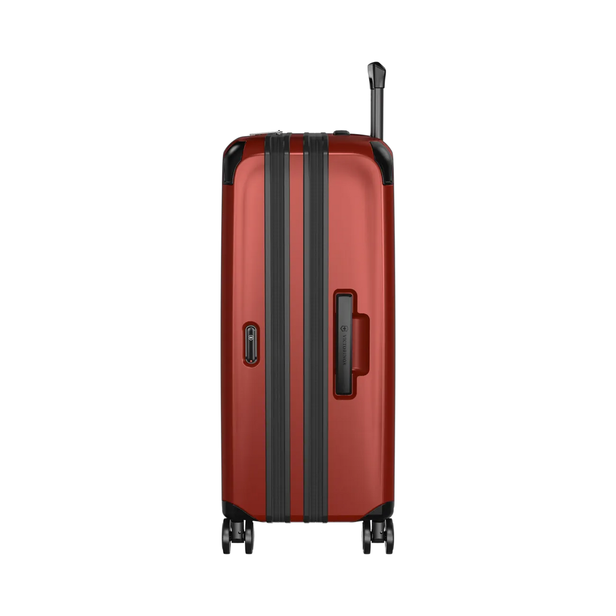 Red hardshell suitcase with black trim and wheels.
