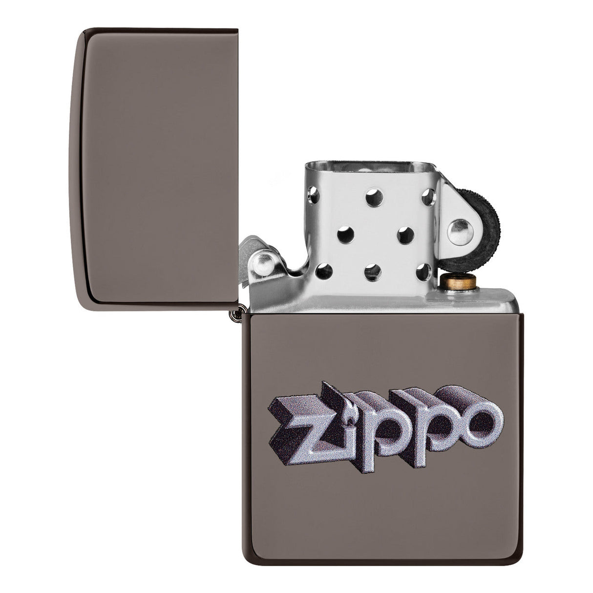 Metallic gray Zippo lighter with the brand name embossed on its surface.