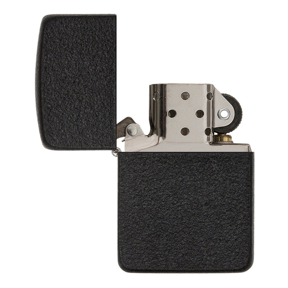 Black textured metal lighter with an open lid.