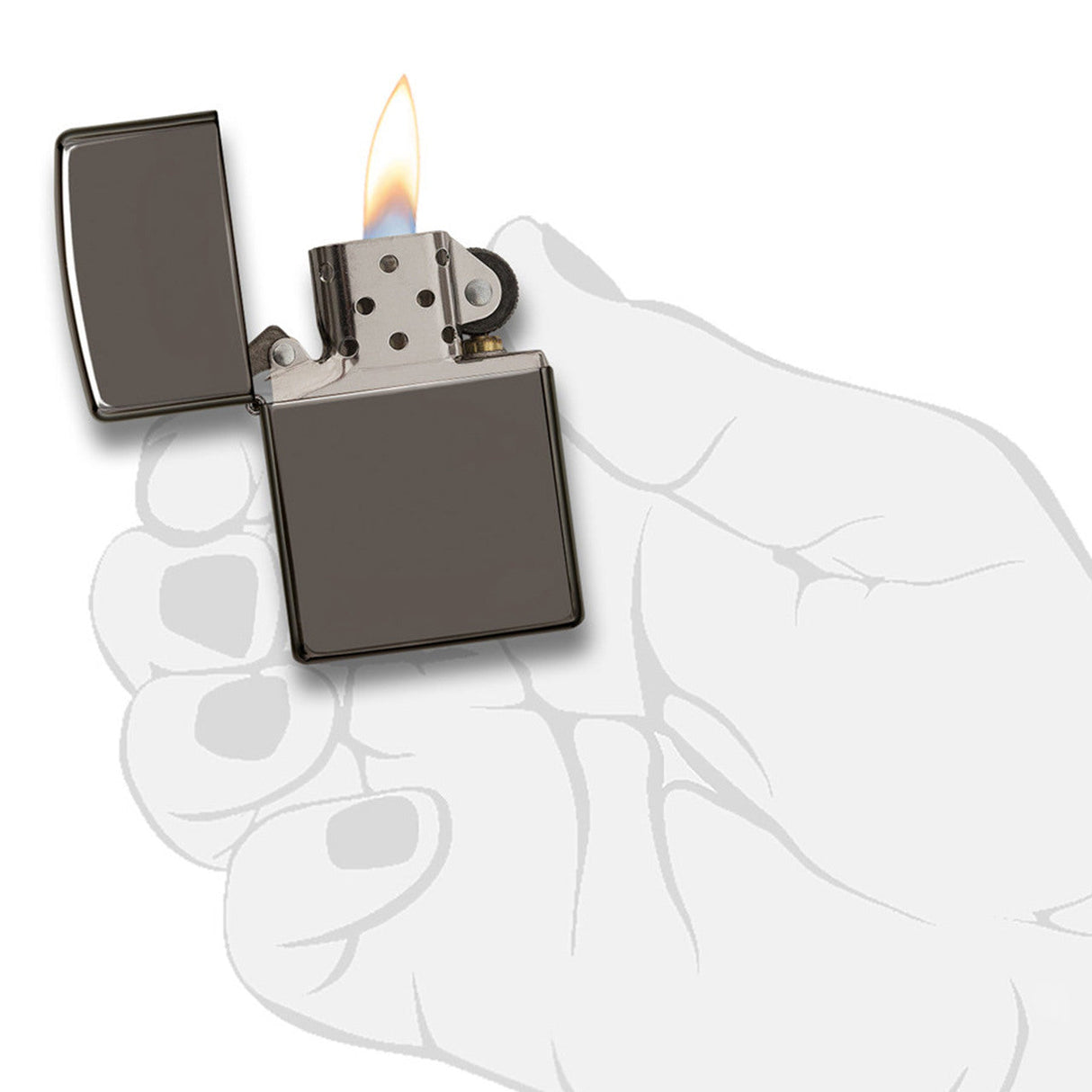 Metal lighter with an open flame.