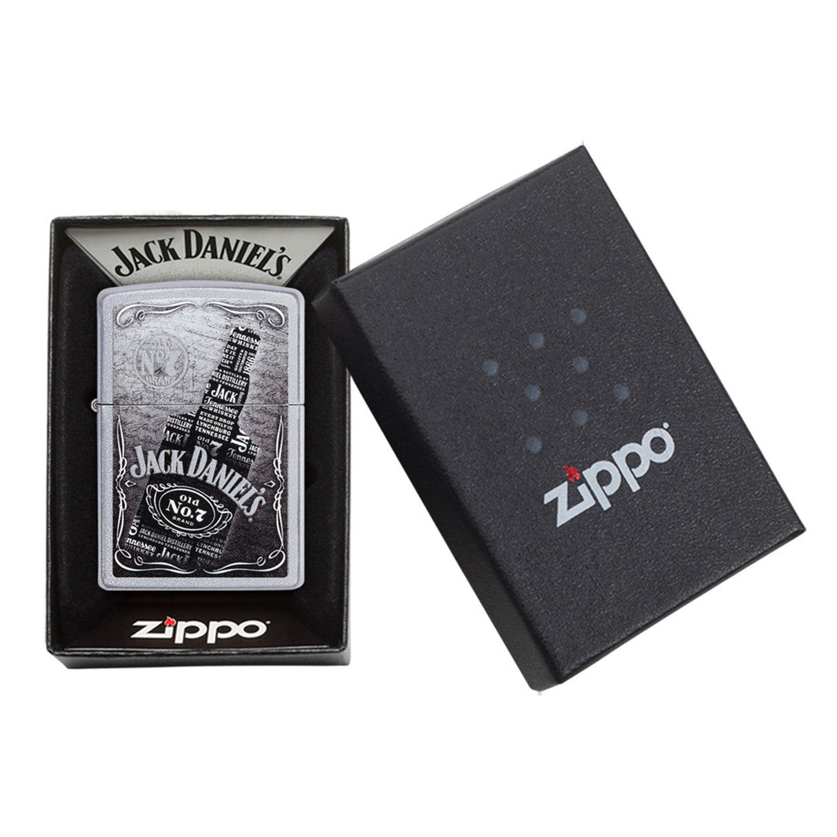 Zippo lighter with Jack Daniel’s whiskey bottle design in its packaging.