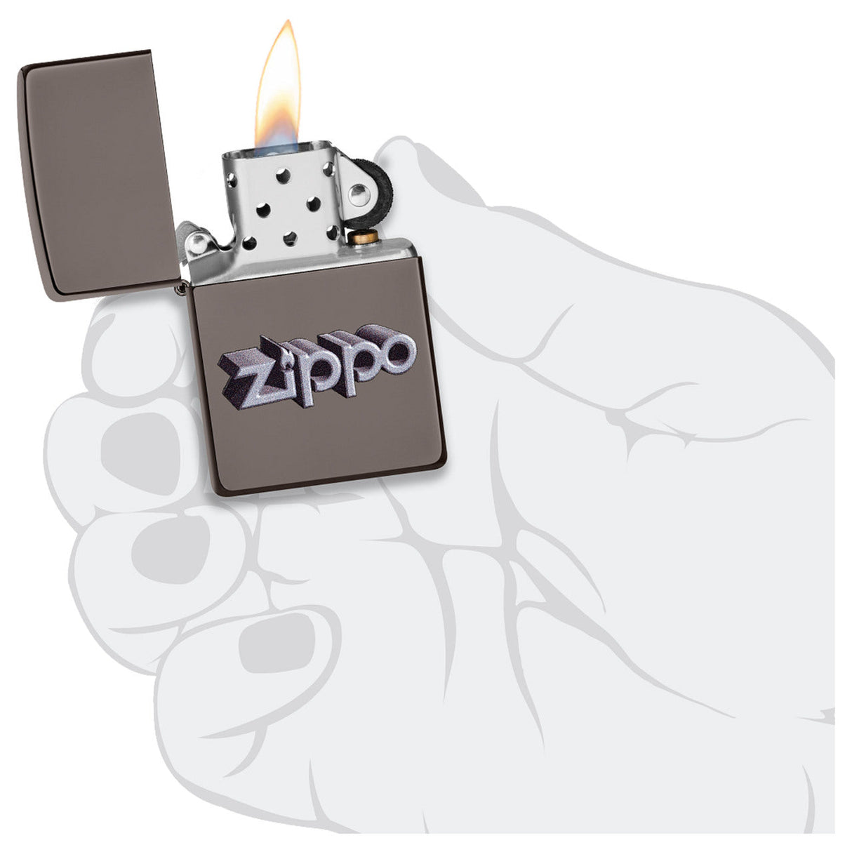 Lit Zippo lighter with an open flame held in a sketched hand.