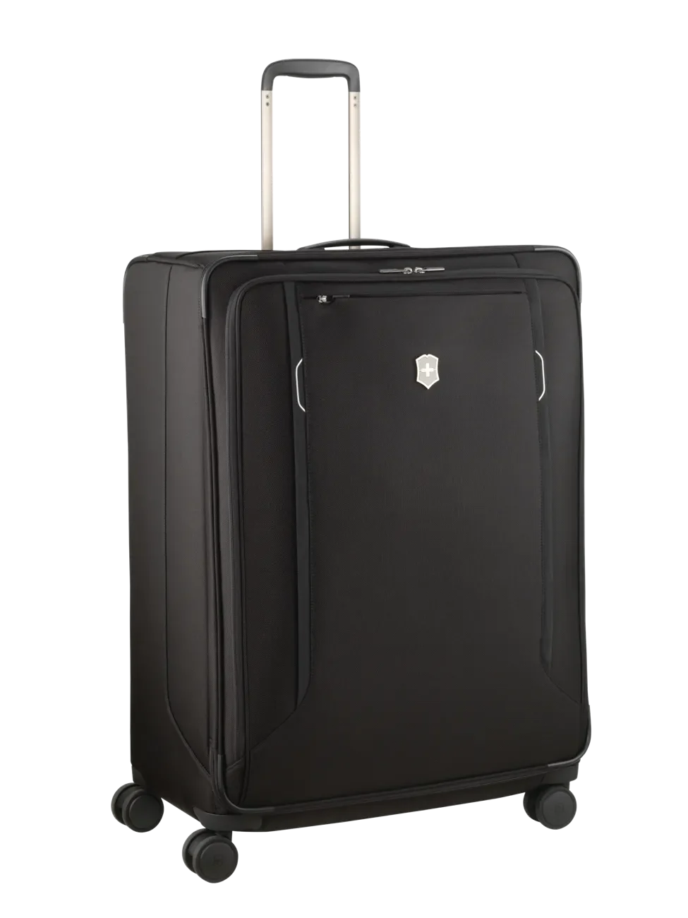 Black rolling suitcase with an extendable handle and wheels.