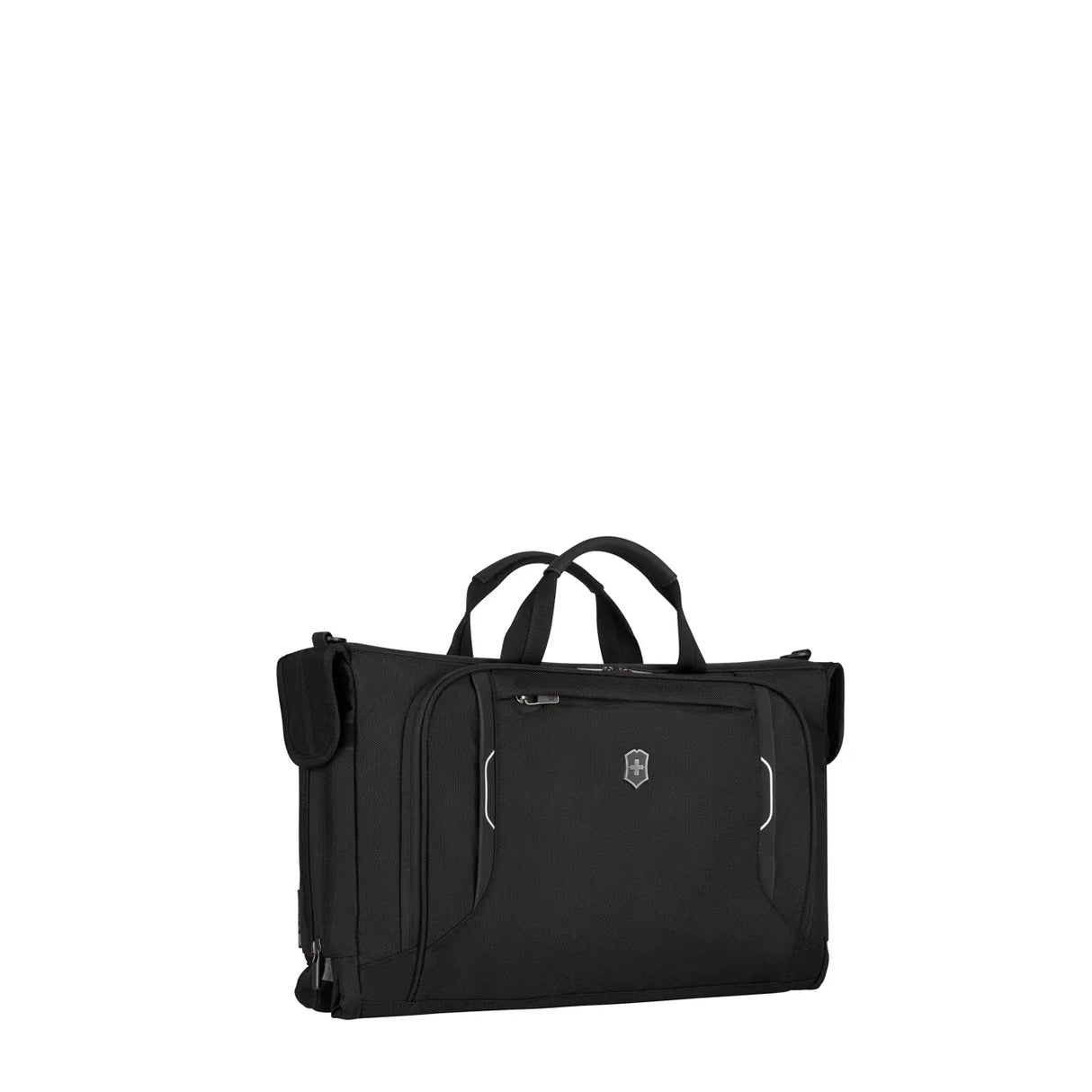 Black carry-on travel bag with multiple compartments and handles.
