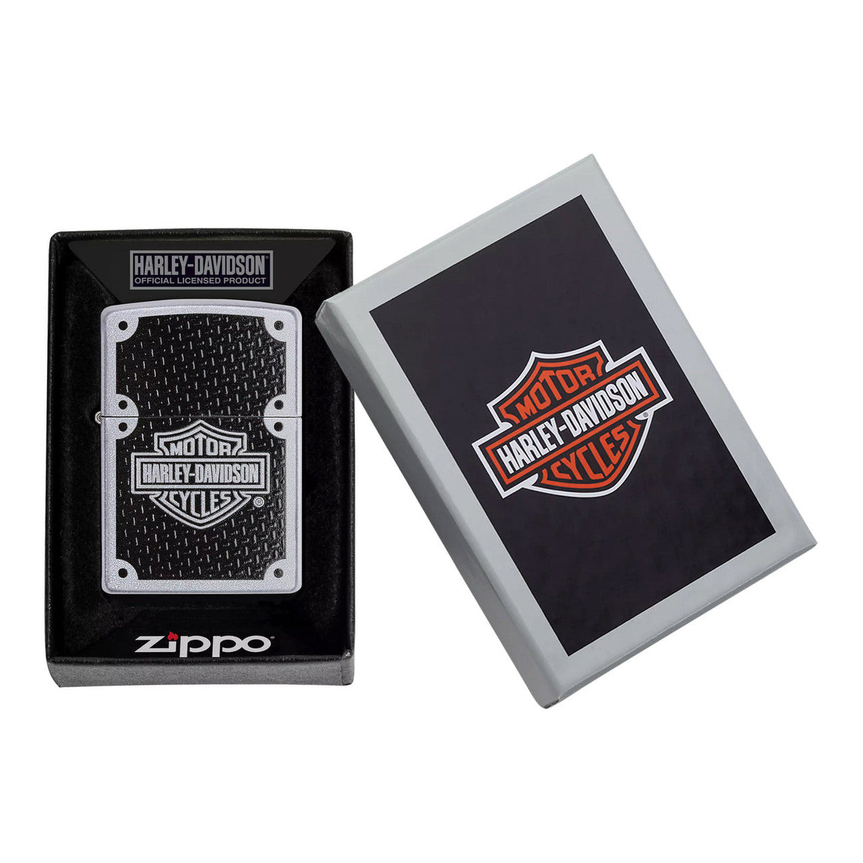 Zippo lighter featuring a Harley-Davidson logo design, shown with its packaging box.
