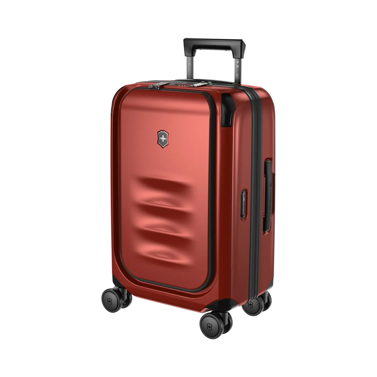 Red hardshell rolling suitcase with a retractable handle and wheels.
