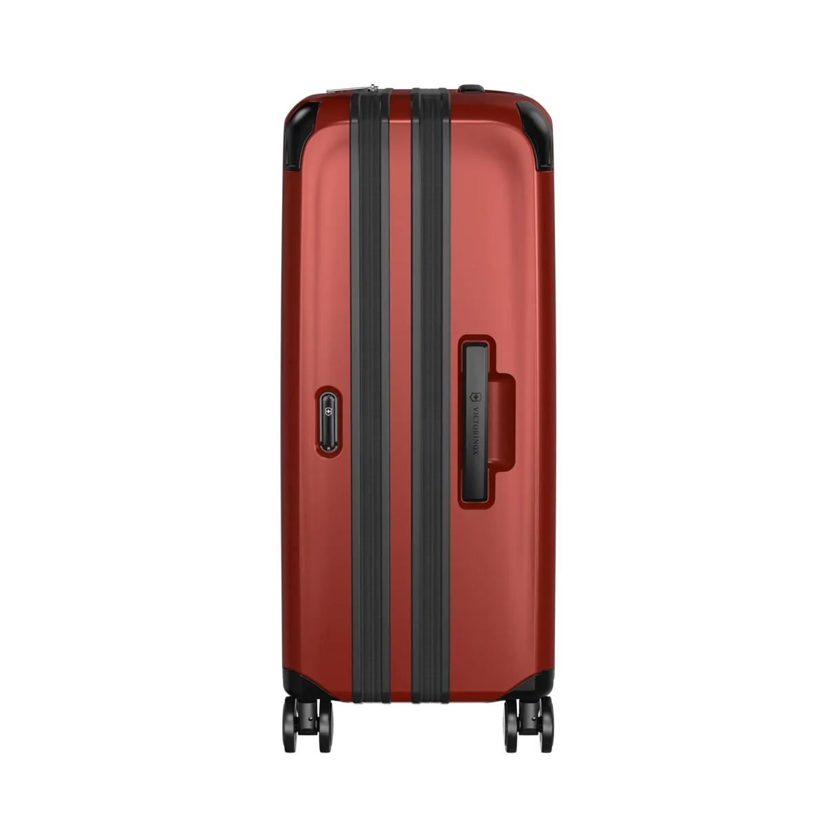 Red hardshell suitcase with black trim and wheels.