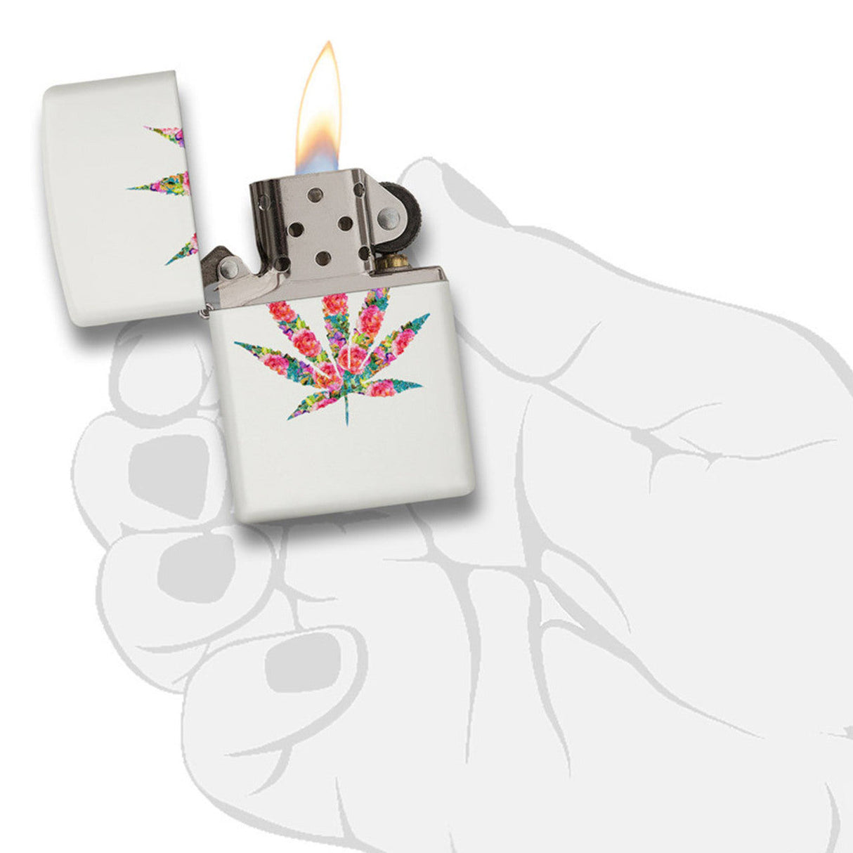 Lit metal lighter with a colorful marijuana leaf design on its side.