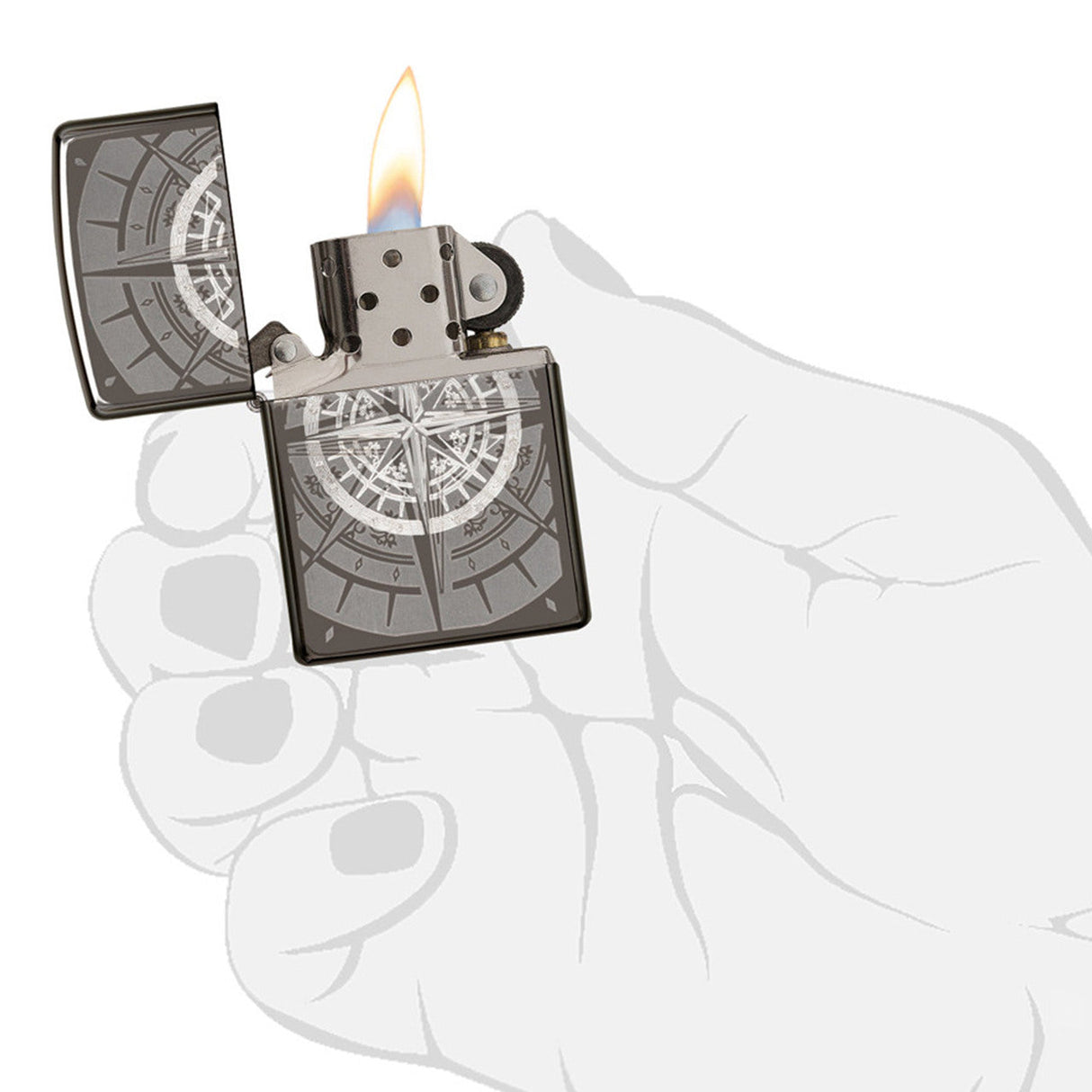 Lit Zippo-style lighter with a compass design engraved on its case.