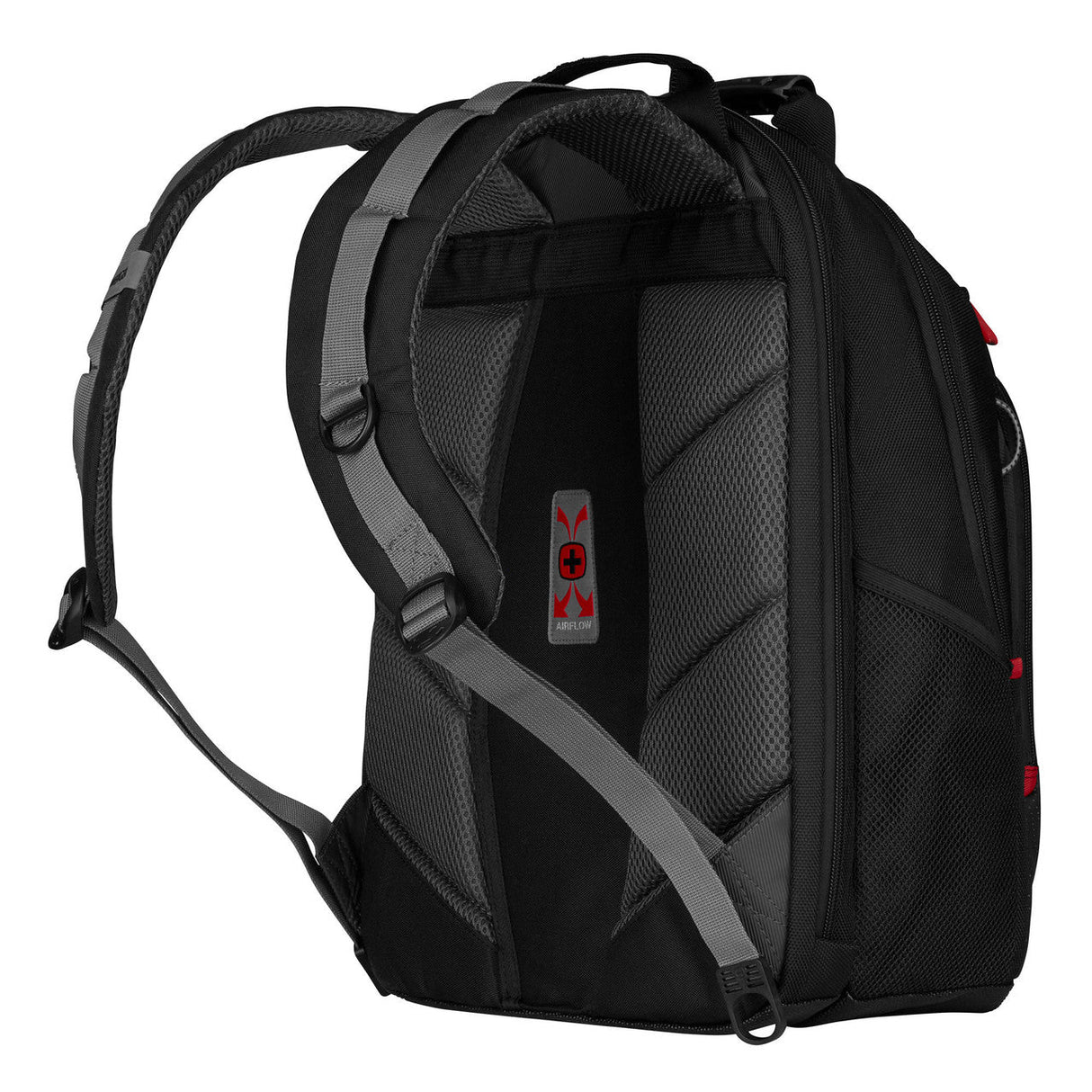 Black backpack with padded straps and red accents.