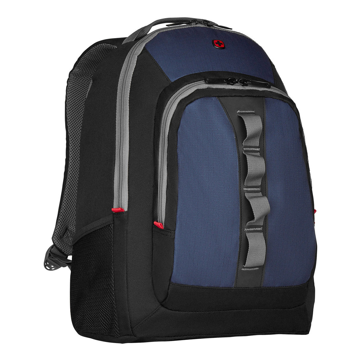 Navy blue and black backpack with multiple compartments and a front buckle strap.