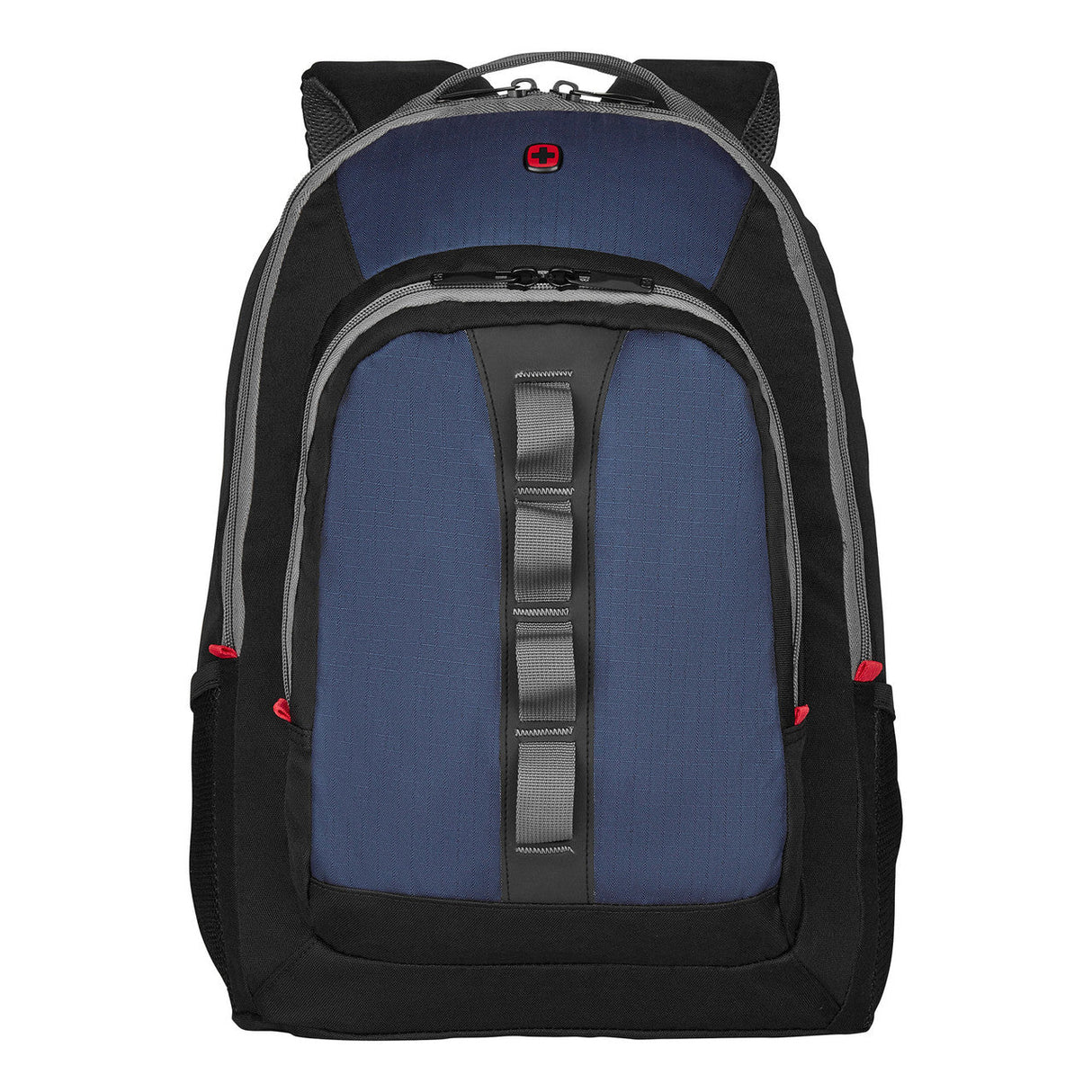 Blue and black backpack with red accents and a central vertical strap.