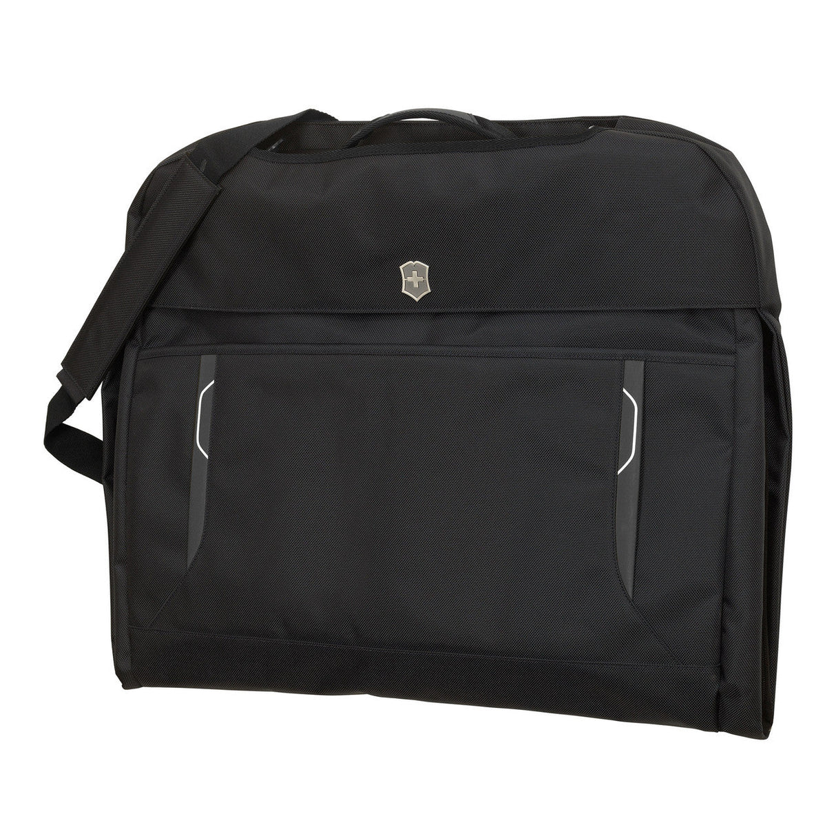 Black garment bag with two front pockets and a shoulder strap.