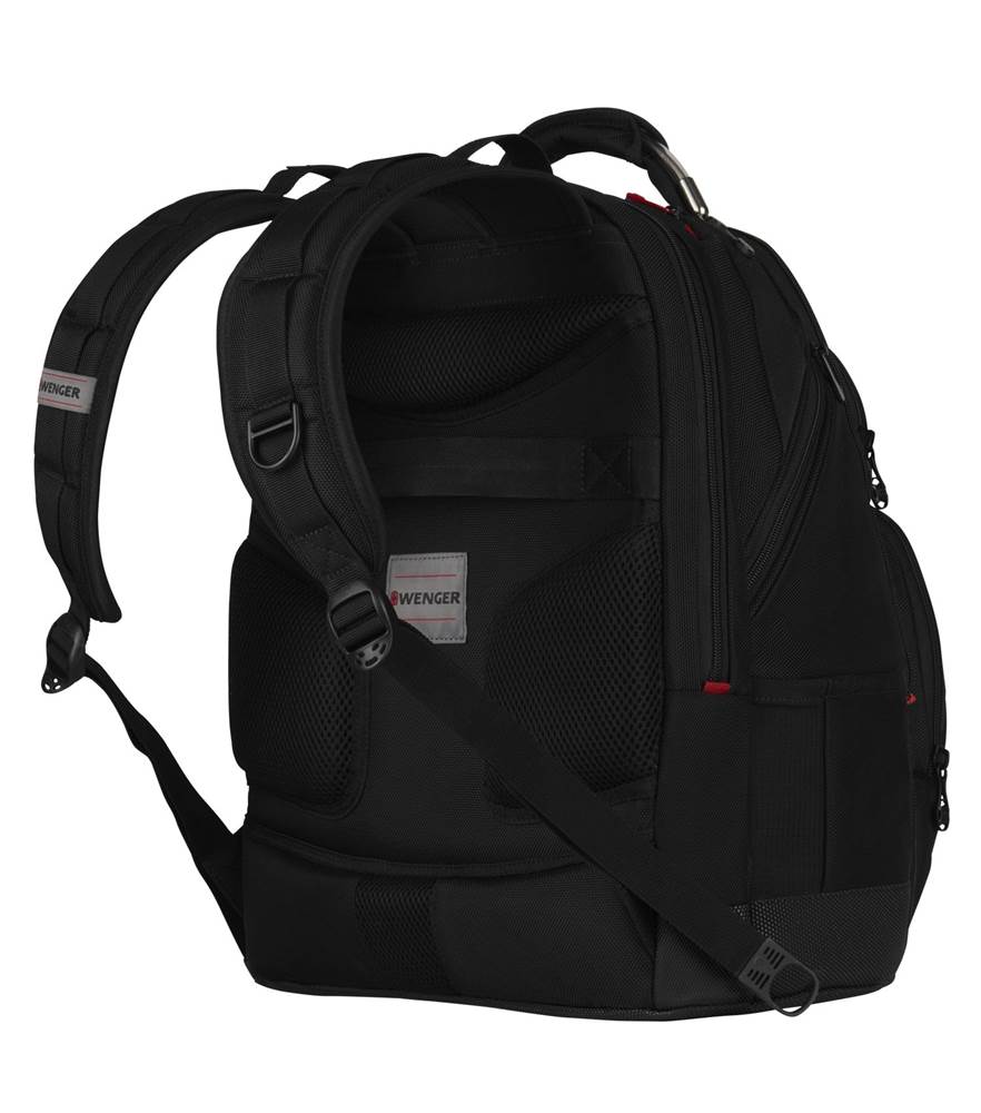 Black backpack with multiple compartments and padded straps.