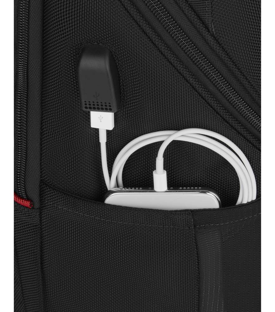 Coiled white charging cable with adapter in a black fabric pocket.
