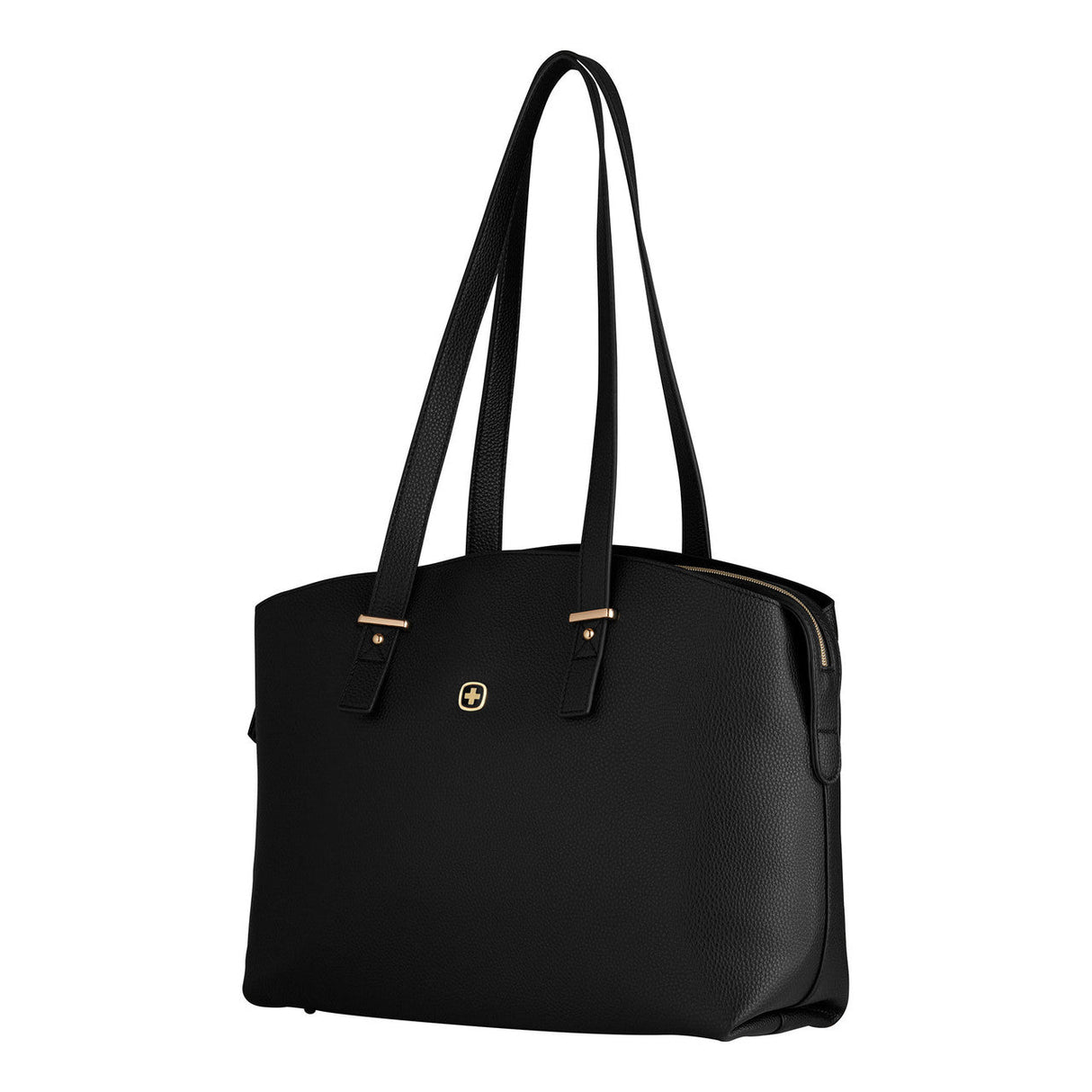 Black leather handbag with double handles and gold-tone hardware.
