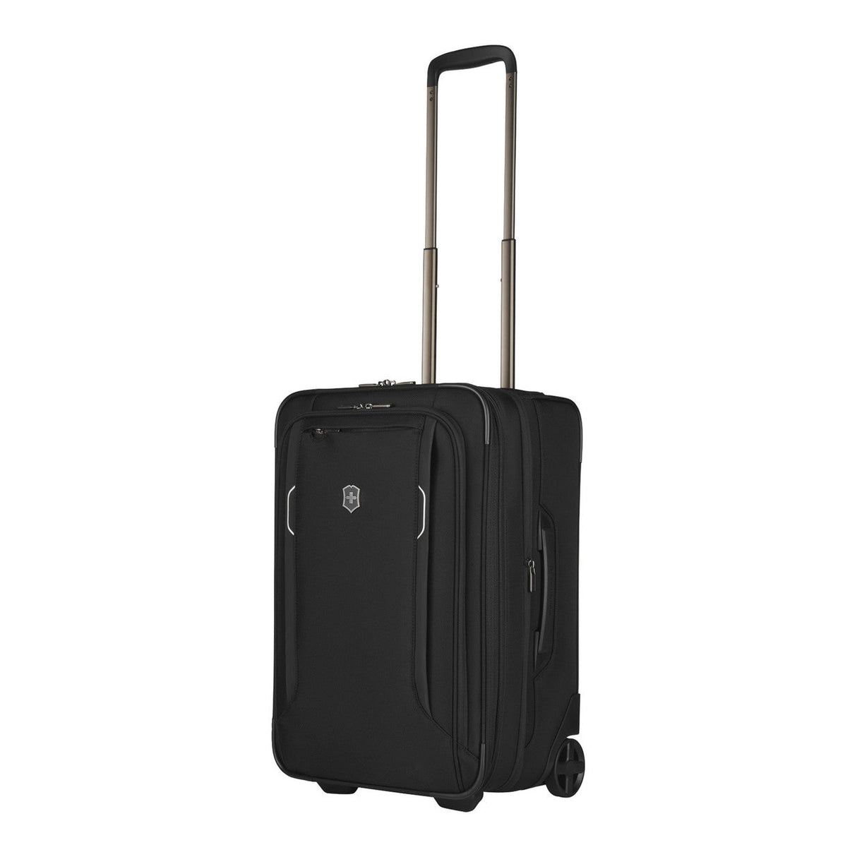 Black wheeled carry-on suitcase with an extendable handle.