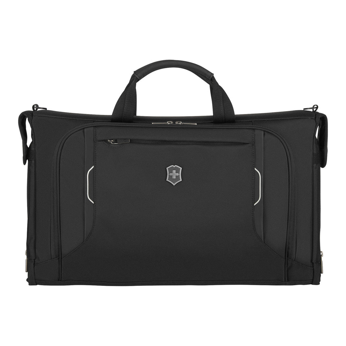 Black duffel bag or travel bag with a Victorinox logo.