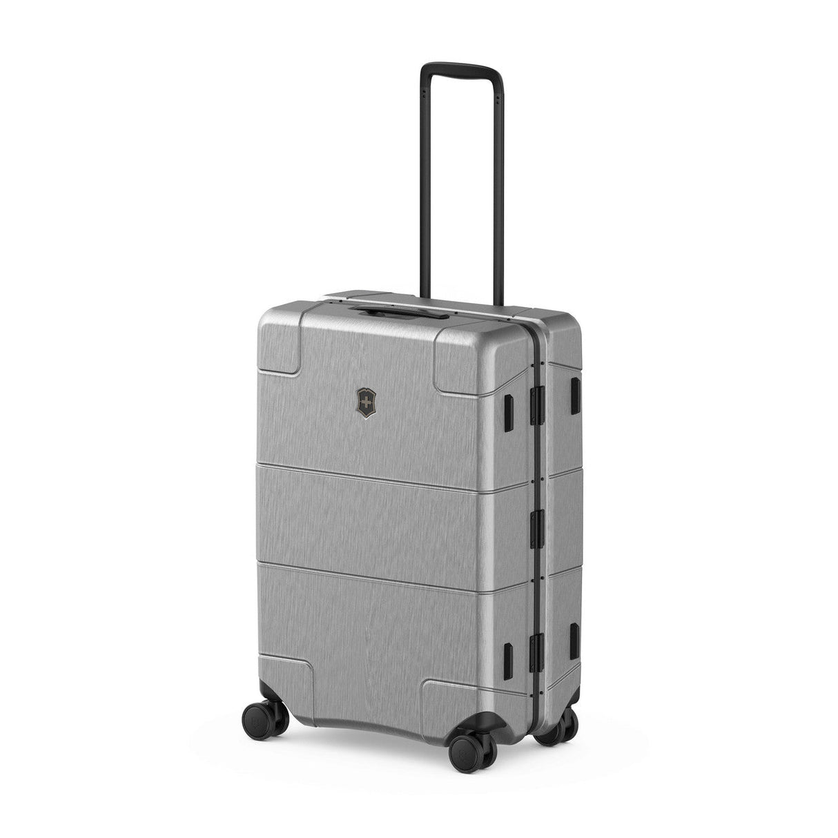 Gray hardshell rolling suitcase with a retractable handle and wheels.