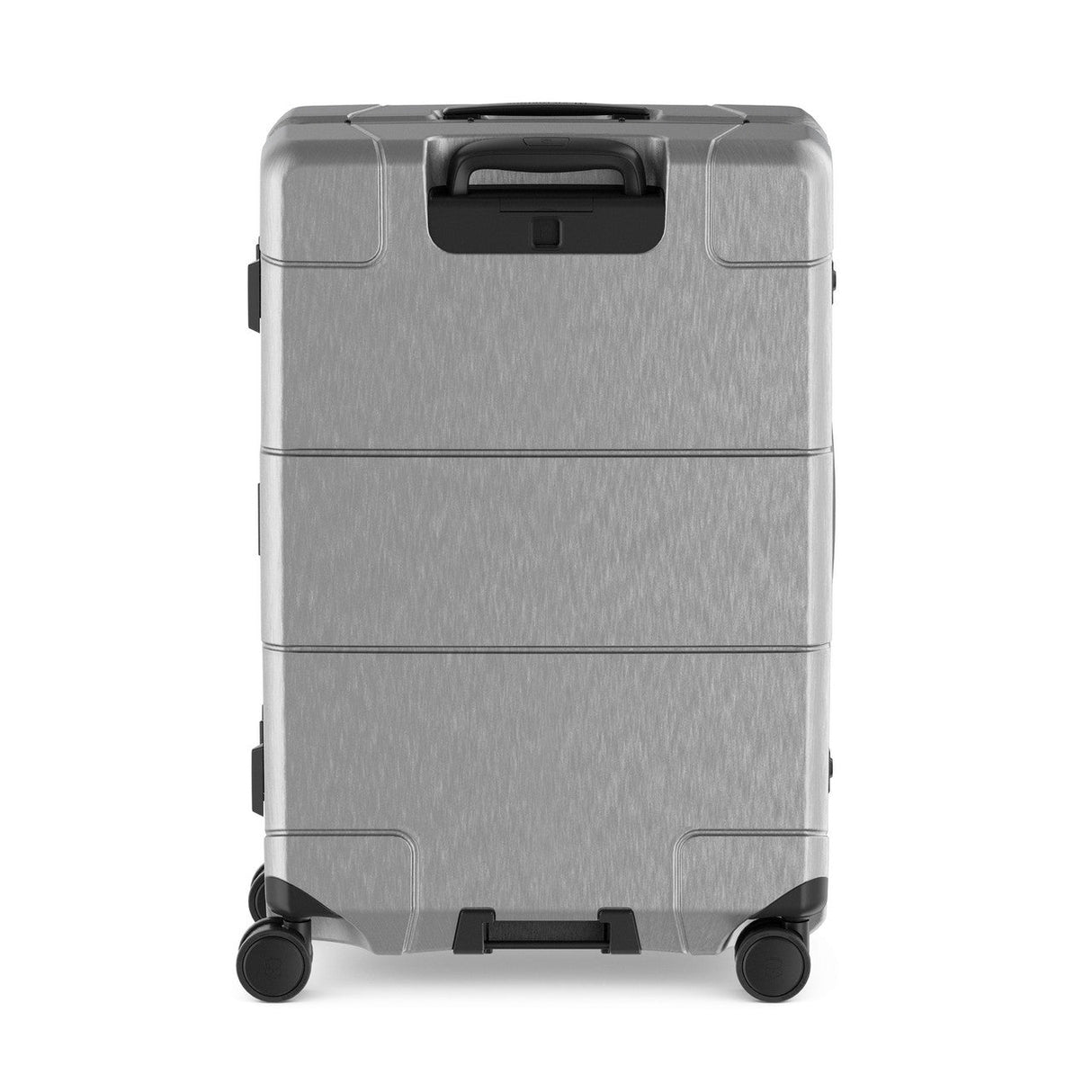 Silver hardshell rolling suitcase with multiple compartments and a retractable handle.