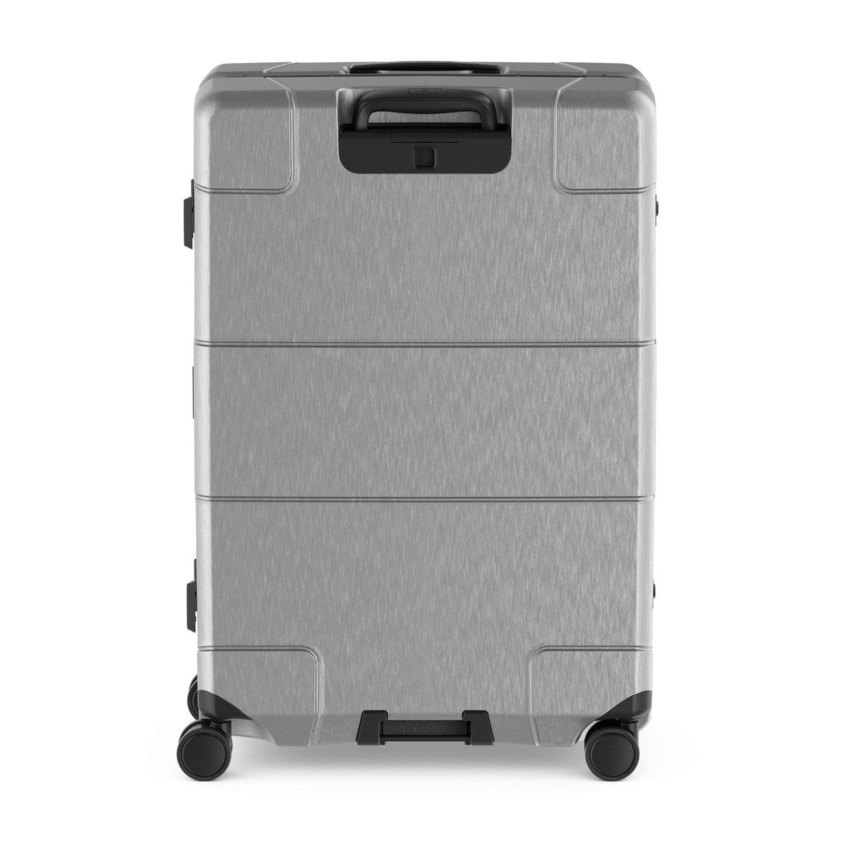 Silver hardshell suitcase with wheels and a retractable handle.