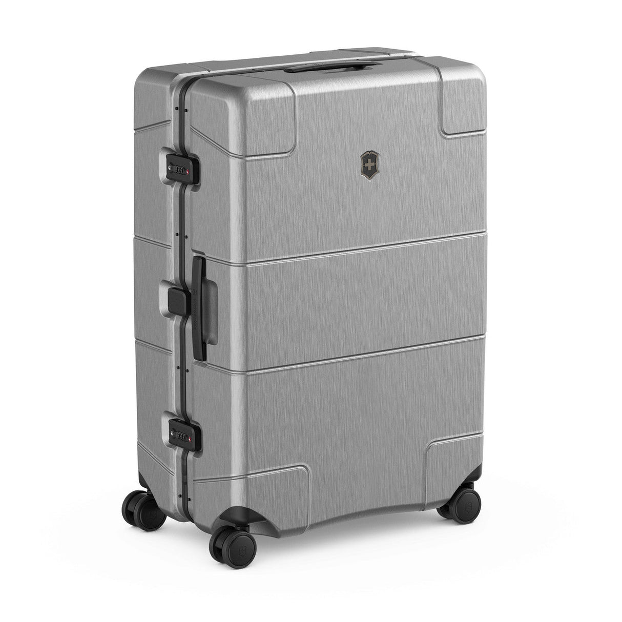 Silver hardshell suitcase with wheels and multiple compartments.