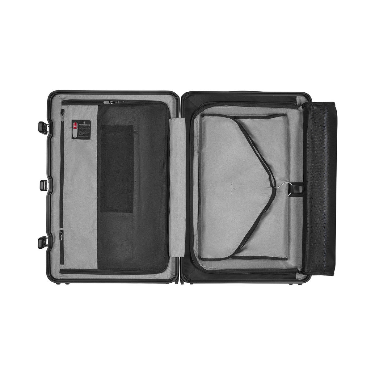 Open hard-shell suitcase with interior compartments and straps.