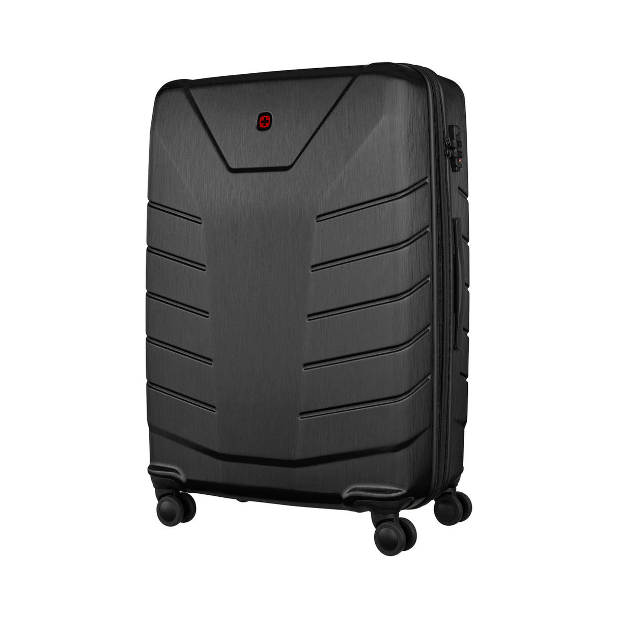 Black hardshell rolling suitcase with horizontal ridges and a red logo.