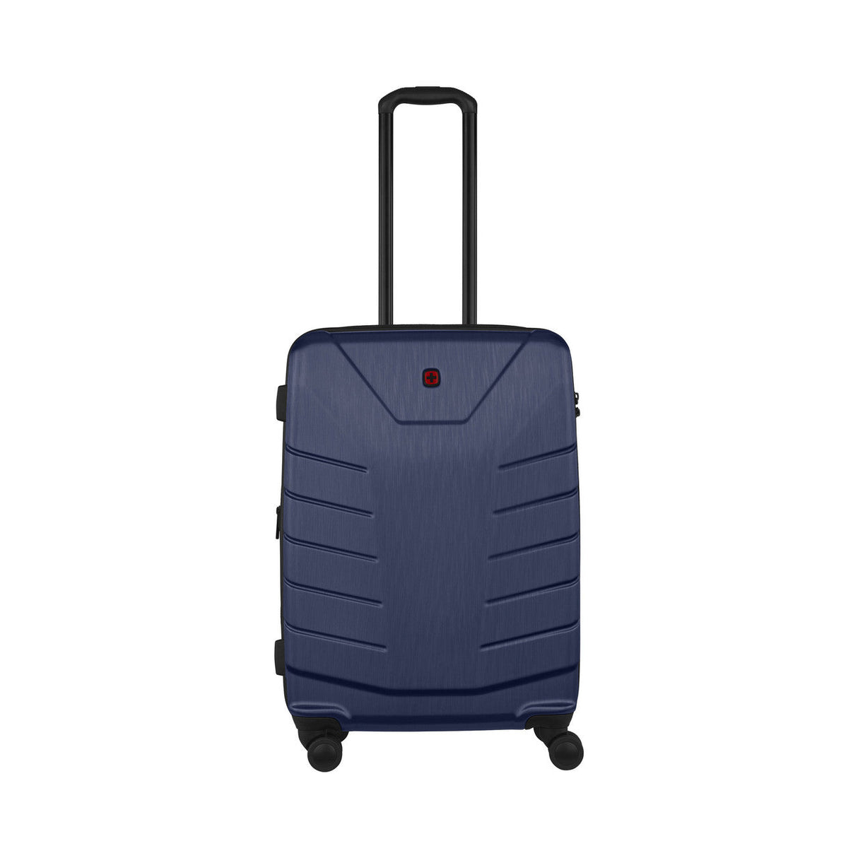 Navy blue hardshell suitcase with wheels and retractable handle.