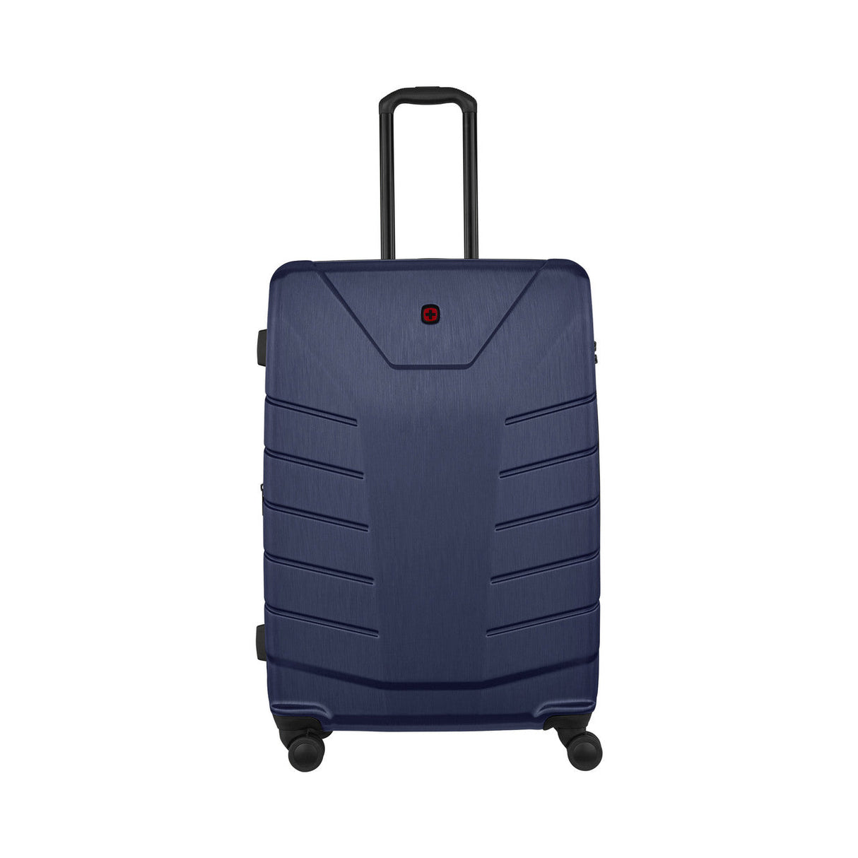 Navy blue hardshell rolling suitcase with horizontal ridges and an extendable handle.