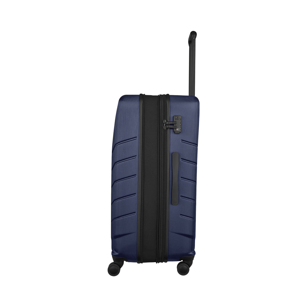 Navy blue hardshell suitcase with wheels and a retractable handle.