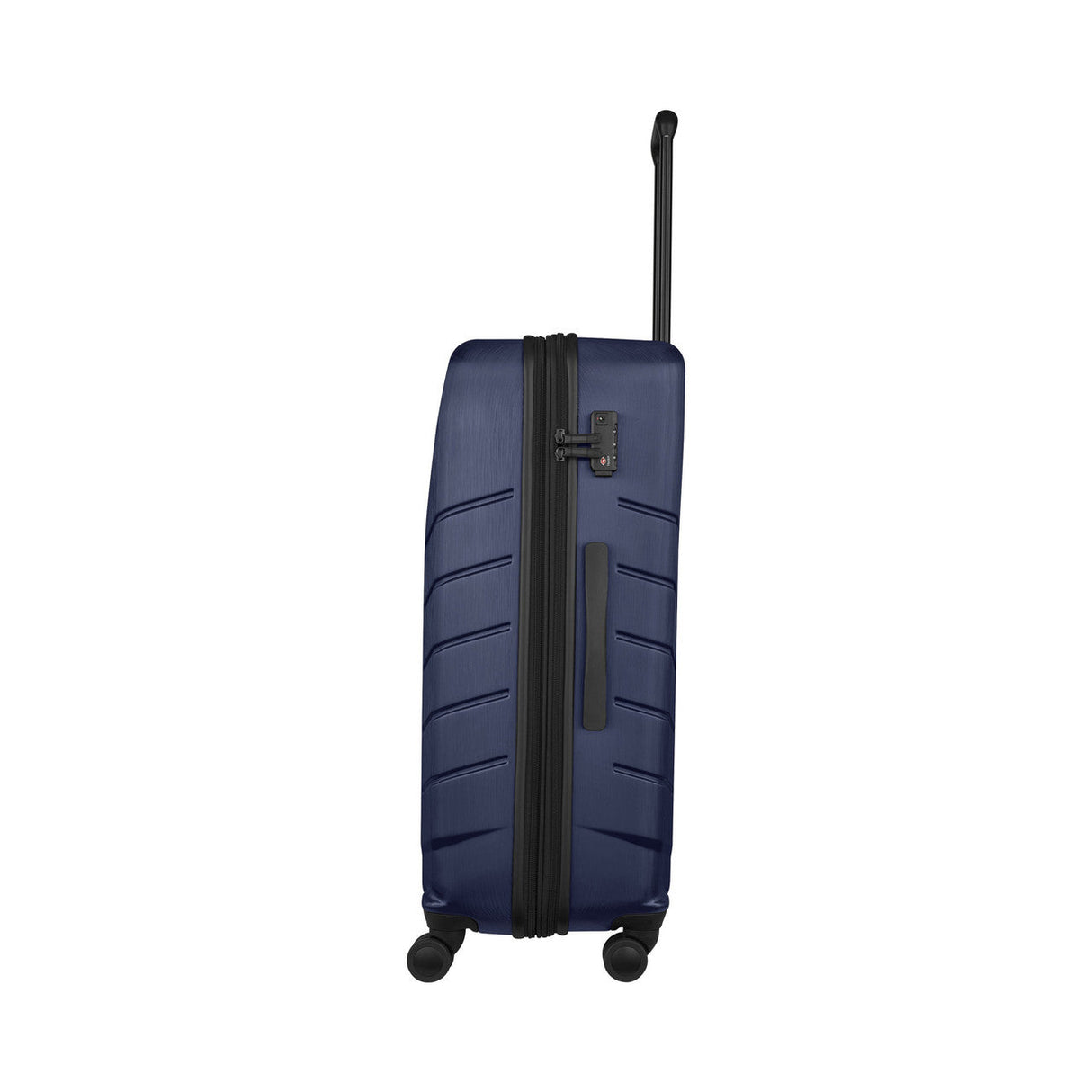 Navy blue hardshell suitcase with horizontal ridges and a telescoping handle.