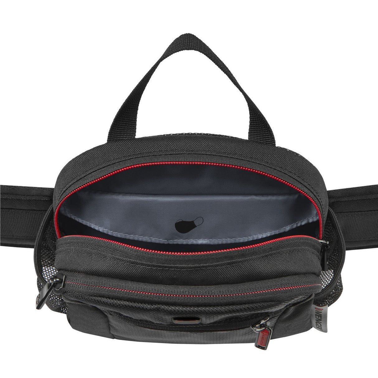 Black fanny pack or waist bag with red zipper accents and multiple compartments.