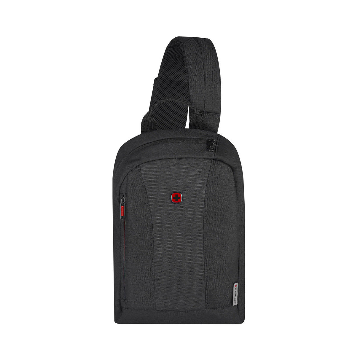 Black sling backpack with a red accent and adjustable strap.