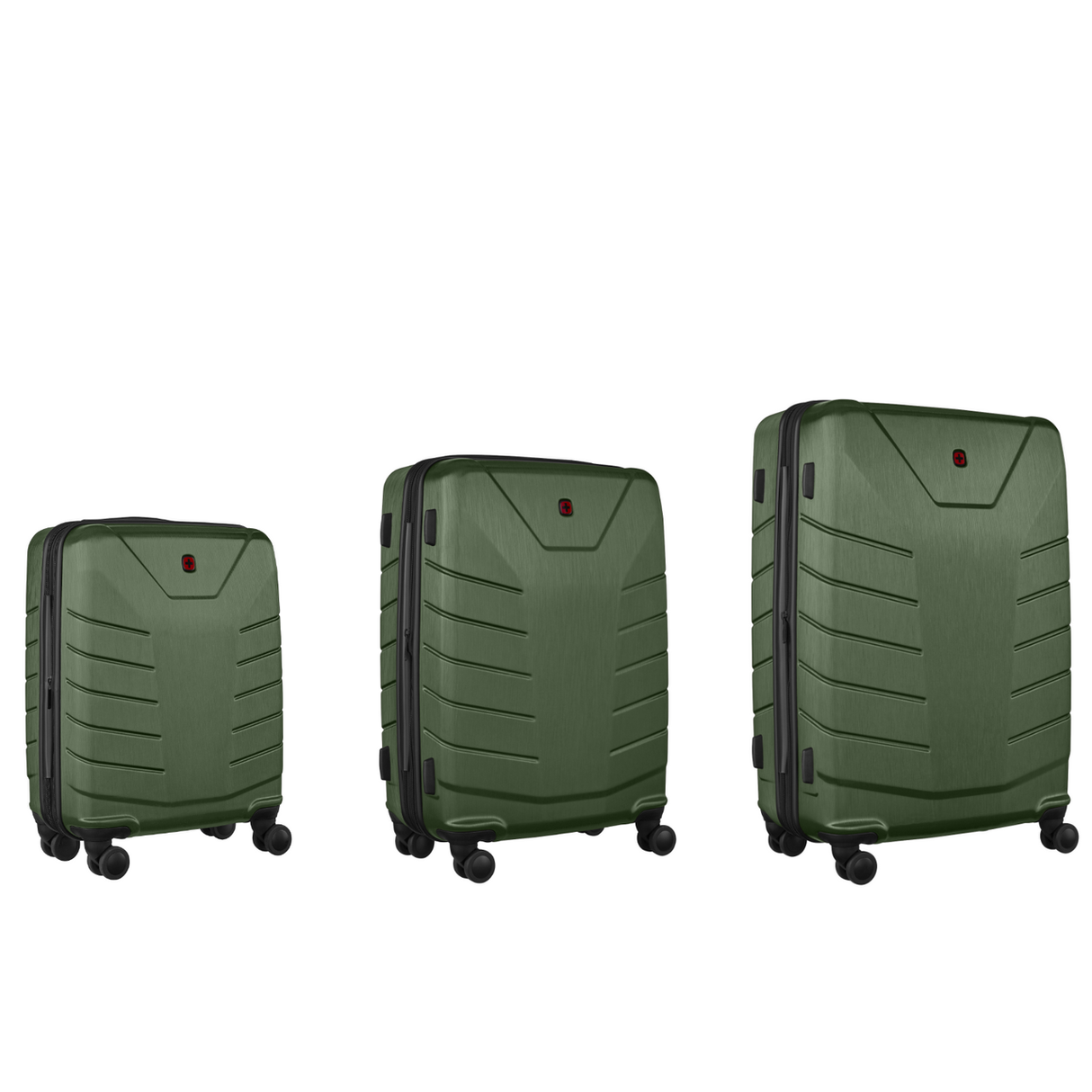 Set of three green hardshell suitcases with wheels.