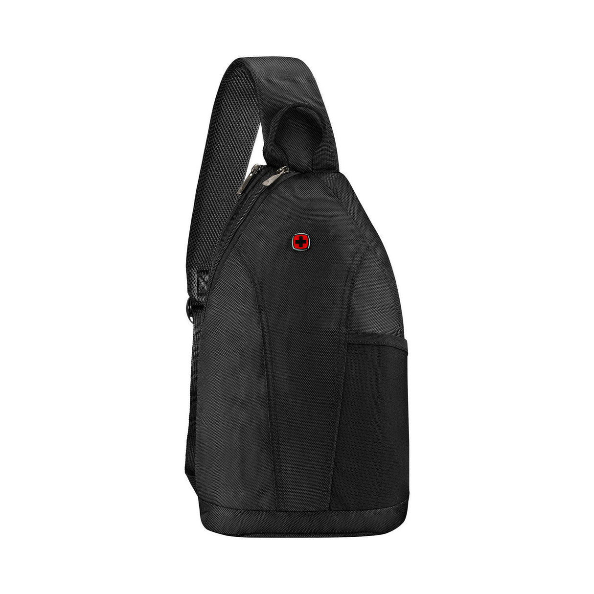 Black single-strap backpack with a small red logo.