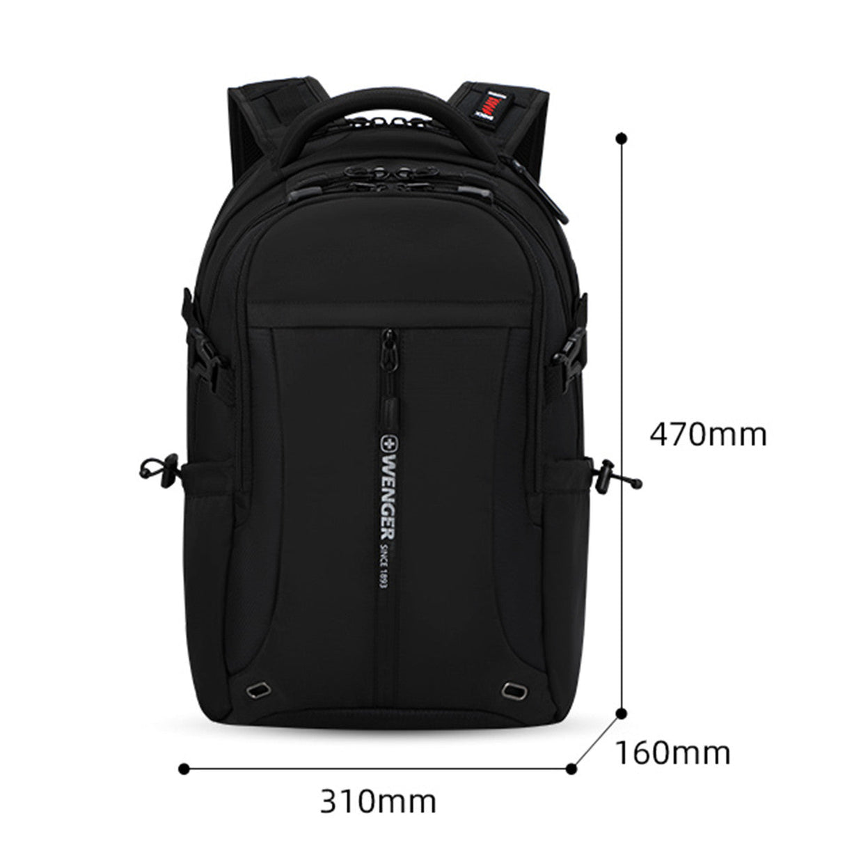 Black backpack with multiple compartments and dimensions displayed.