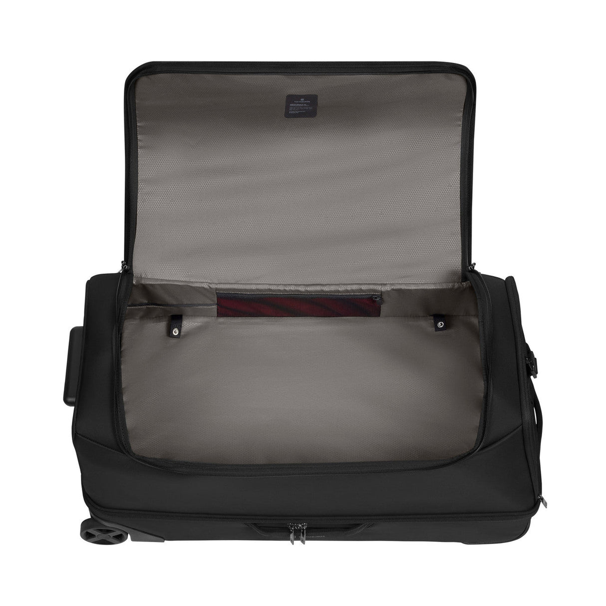 Open black wheeled suitcase or travel bag with a light-colored interior lining.